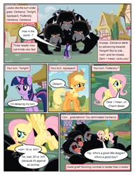 Size: 612x792 | Tagged: safe, artist:newbiespud, derpibooru import, edit, edited screencap, screencap, applejack, fluttershy, twilight sparkle, unicorn twilight, cerberus, earth pony, pegasus, pony, unicorn, comic:friendship is dragons, building, collar, comic, dialogue, drool, eyes closed, female, freckles, good boy, hat, mare, multiple heads, on back, screencap comic, spiked collar, three heads