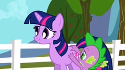 Size: 1280x720 | Tagged: safe, screencap, spike, twilight sparkle, unicorn twilight, dragon, pony, unicorn, the ticket master, apple, apple tree, butt touch, duo, female, fence, hand on butt, male, mare, sweet apple acres, tree, twibutt