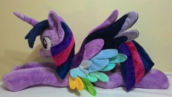 Size: 3264x1836 | Tagged: safe, artist:masha05, twilight sparkle, twilight sparkle (alicorn), alicorn, pony, rainbow roadtrip, colored wings, female, irl, mare, photo, plushie, smiling, solo, toy, wing bling, wings