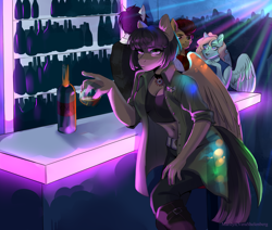 Size: 3705x3146 | Tagged: safe, alternate version, artist:verashelenberg, oc, oc only, oc:pepper spice, anthro, pegasus, pony, alcohol, anthro oc, bar, choker, clothes, erect nipples, female, freckles, green eyes, jacket, looking at you, midriff, nightclub, nipples, nudity, sitting, tanktop