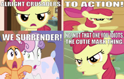 Size: 638x407 | Tagged: safe, edit, edited screencap, editor:undeadponysoldier, screencap, apple bloom, scootaloo, sweetie belle, earth pony, pegasus, pony, unicorn, bow, caption, cutie mark crusaders, episode needed, female, filly, flushed away, funny, funny as hell, idiots, image macro, le frog, meme, pillow, pointing, reference, surrender, text, we surrender, wrong aspect ratio