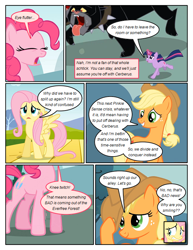 Size: 612x792 | Tagged: safe, artist:newbiespud, derpibooru import, edit, edited screencap, screencap, applejack, fluttershy, pinkie pie, twilight sparkle, unicorn twilight, cerberus, earth pony, pegasus, pony, unicorn, comic:friendship is dragons, comic, dialogue, eyes closed, female, freckles, glowing horn, hat, horn, mare, multiple heads, running, screencap comic, three heads