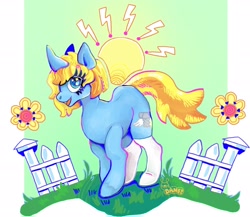 Size: 2048x1777 | Tagged: safe, artist:danneroni, oc, oc only, oc:skydreams, pony, unicorn, clothes, female, fence, mare, smiling, socks, sun, white socks