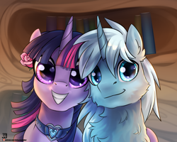 Size: 2500x2000 | Tagged: safe, artist:jedayskayvoker, twilight sparkle, twilight sparkle (alicorn), oc, oc:crystal tundra, alicorn, unicorn, blue coat, book, bookshelf, canon x oc, chest fluff, collar, crylight, crystal heart, duo, fluffy, golden oaks library, heart, heart collar, looking at you, patreon, patreon logo, pet, smiling, white mane