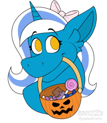 Size: 613x700 | Tagged: safe, artist:frankkiestein, oc, oc only, oc:fleurbelle, alicorn, alicorn oc, bow, candy, female, food, golden eyes, hair bow, halloween, holiday, mare, mouth hold, pumpkin, pumpkin bucket