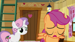 Size: 1280x720 | Tagged: safe, screencap, scootaloo, sweetie belle, pegasus, pony, unicorn, the last crusade, clubhouse, crusaders clubhouse, curtains, door, duo, duo female, eyes closed, female, heart, ladder, sad, sigh, window