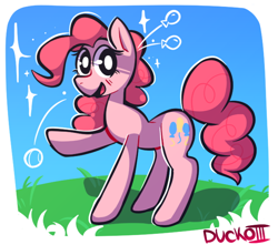 Size: 654x578 | Tagged: safe, artist:duckoiii, derpibooru import, pinkie pie, earth pony, pony, balloon, cute, diapinkes, female, looking at you, mare, open mouth, smiling, solo