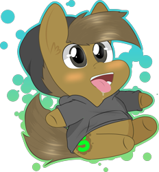 Size: 3236x3485 | Tagged: safe, artist:almond evergrow, oc, oc:almond evergrow, earth pony, pony, brown coat, brown hair, brown mane, cap, chibi, chibi pony, clothes, drool, ear fluff, gray eyes, hat, hoodie, male, open mouth, simple background, simple shading, smiling, smol, solo, stallion, teeth, tongue out, transparent background