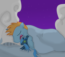 Size: 3000x2639 | Tagged: safe, artist:dazed-and-wandering, oc, oc:harmony star, alicorn, unicorn, bed, cloud, pillow, plushie, sleeping, unicorn oc