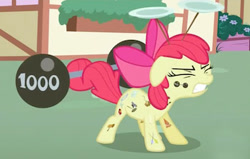 Size: 350x223 | Tagged: safe, screencap, apple bloom, earth pony, pony, the cutie pox, alternate cutie mark, barbell, cutie mark, cutie pox, female, solo