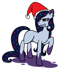 Size: 644x764 | Tagged: safe, artist:dragonflyfire8, artist:ponebox, oc, oc only, earth pony, pony, collaboration, christmas, disgusted, ear piercing, earring, earth pony oc, ethereal mane, female, hair over one eye, hat, holiday, jewelry, mare, piercing, raised hoof, santa hat, simple background, socks (coat marking), solo, starry mane, transparent background
