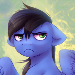 Size: 1000x1000 | Tagged: safe, artist:andyfirelife, oc, oc only, oc:jettrax, pegasus, pony, bust, ear fluff, floppy ears, freckles, frown, grumpy, looking at you, male, solo, spread wings, stallion, wings