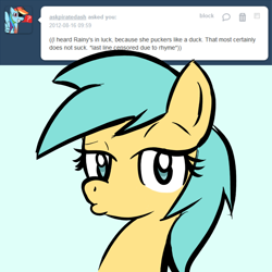 Size: 750x750 | Tagged: safe, artist:datahmedz, sunshower raindrops, pony, ask, duckface, raindropsanswers, solo, tumblr