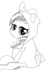 Size: 652x966 | Tagged: artist needed, safe, sweet biscuit, pony, unicorn, /mlp/, animal costume, bunny costume, bunny ears, clothes, costume, dangerous mission outfit, female, goggles, hoodie, looking at you, looking back, looking back at you, mare, monochrome, sitting, smiling, solo