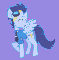 Size: 1714x1758 | Tagged: safe, artist:halfrobin, soarin', pegasus, pony, blushing, clothes, eyes closed, goggles, male, necktie, open mouth, purple background, simple background, soarinbetes, solo, stallion