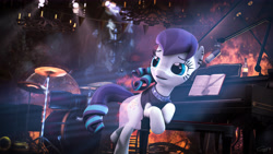 Size: 7680x4320 | Tagged: safe, artist:calveen, coloratura, earth pony, pony, 3d, absurd resolution, book, bottle, chair, chandelier, drums, fire, lamp, leaning, lifted leg, looking at something, microphone, musical instrument, open mouth, piano, rara, saxophone, source filmmaker, stage light, statue, windswept mane