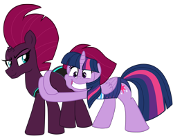 Size: 5048x3972 | Tagged: safe, alternate version, artist:ejlightning007arts, tempest shadow, twilight sparkle, twilight sparkle (alicorn), alicorn, shadow play, blank flank, broken horn, butt touch, butthug, clothes, cute, equestria girls outfit, eye scar, faceful of ass, female, horn, hug, lesbian, pinkie hugging applejack's butt, scar, shipping, simple background, smiling, swimsuit, tempass, tempestlight, transparent background, vector
