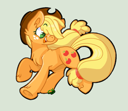 Size: 829x718 | Tagged: safe, artist:raziefim, applejack, earth pony, pony, chest fluff, cute, ear fluff, female, gray background, hair over one eye, jackabetes, leg fluff, mare, no pupils, open mouth, simple background, solo