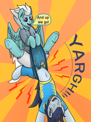 Size: 3024x4032 | Tagged: safe, artist:tacomytaco, fleetfoot, soarin', pegasus, pony, comic:wedgiebolts academy, belly button, blue underwear, briefs, clothes, comic, comic page, eyes closed, female, flying, frontal wedgie, male, midriff, pain, shirt, shorts, spread wings, sunburst background, text, underwear, upside down, wedgie, wings