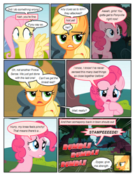 Size: 612x792 | Tagged: safe, artist:newbiespud, derpibooru import, edit, edited screencap, screencap, applejack, fluttershy, pinkie pie, earth pony, pegasus, pony, comic:friendship is dragons, comic, dialogue, female, hat, mare, onomatopoeia, screencap comic, tree, unamused, wide eyes