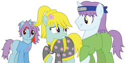 Size: 5960x3000 | Tagged: safe, artist:dragonchaser123, oc, oc only, oc:alexandre, oc:hiroshi, oc:sayuri, earth pony, pony, unicorn, absurd resolution, blank flank, clothes, female, flower, flower in hair, headband, kimono (clothing), male, mare, raised hoof, simple background, stallion, transparent background, vector