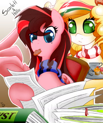 Size: 1590x1880 | Tagged: safe, artist:neod, oc, oc:hollie, oc:only, oc:scarlett a la creme, earth pony, pegasus, blonde, blue eyes, book, clothes, cookie, cup, food, green eyes, head scratch, muffin, pink coat, scarf, taxes, teacup