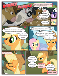 Size: 612x792 | Tagged: safe, artist:newbiespud, derpibooru import, edit, edited screencap, screencap, applejack, fluttershy, twilight sparkle, unicorn twilight, cow, earth pony, pegasus, pony, unicorn, comic:friendship is dragons, annoyed, comic, dialogue, eyes closed, female, freckles, hat, mare, onomatopoeia, screencap comic, stampede, unamused