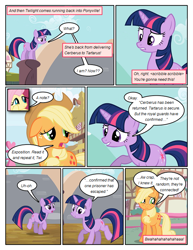 Size: 612x792 | Tagged: safe, artist:newbiespud, derpibooru import, edit, edited screencap, screencap, applejack, fluttershy, twilight sparkle, unicorn twilight, earth pony, pegasus, pony, unicorn, comic:friendship is dragons, comic, dialogue, female, freckles, hat, implied pinkie pie, mare, screencap comic