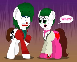 Size: 999x800 | Tagged: safe, artist:aarondrawsarts, oc, oc:brain teaser, oc:rose bloom, pony, clothes, cosplay, costume, halloween, holiday, makeup, nightmare night, suit, the joker