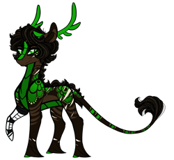 Size: 1500x1378 | Tagged: safe, artist:australian-senior, oc, oc only, oc:rick invictus, alicorn, earth pony, kirin, pony, alternate universe, amputee, antlers, colored hooves, colored sclera, green eyes, green sclera, kirindos, leonine tail, prosthetic leg, prosthetic limb, prosthetics, raised hoof, solo, unshorn fetlocks