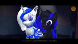 Size: 3840x2160 | Tagged: safe, artist:phoenixtm, oc, oc:jinx ardor, oc:zyra, alicorn, bat pony, bat pony alicorn, pony, robot, robot pony, 3d, alicorn oc, happy, source filmmaker, subtitles, watermark