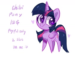 Size: 1600x1200 | Tagged: safe, artist:colorfulcolor233, twilight sparkle, twilight sparkle (alicorn), alicorn, pony, advertisement, chibi, female, heart, mare, simple background, starry eyes, text, white background, wingding eyes