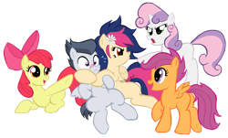 Size: 4137x2500 | Tagged: safe, artist:edcom02, apple bloom, rumble, scootaloo, sweetie belle, oc, oc:mayday parker sparkle, earth pony, pegasus, pony, unicorn, blushing, colt, crossover, female, filly, male, offspring, parent:peter parker, parent:twilight sparkle, parents:spidertwi, rumble gets all the fillies, simple background, straight, transparent background