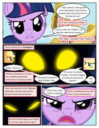 Size: 612x792 | Tagged: safe, artist:newbiespud, derpibooru import, edit, edited screencap, screencap, applejack, fluttershy, twilight sparkle, unicorn twilight, earth pony, pegasus, pony, unicorn, comic:friendship is dragons, angry, building, comic, dialogue, female, freckles, glowing eyes, hat, implied pinkie pie, mare, screencap comic