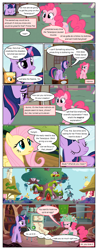 Size: 612x1555 | Tagged: safe, artist:newbiespud, derpibooru import, edit, edited screencap, screencap, applejack, fluttershy, pinkie pie, twilight sparkle, unicorn twilight, earth pony, pegasus, pony, unicorn, comic:friendship is dragons, annoyed, comic, dialogue, eyes closed, female, freckles, golden oaks library, hat, helmet, lantern, mare, screencap comic