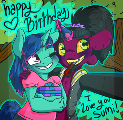 Size: 3424x3342 | Tagged: safe, artist:sexygoatgod, oc, oc:kaden, oc:kasumi, anthro, unicorn, clothes, crossdressing, femboy, gay, grin, happy birthday, hat, heart eyes, jacket, male, oc x oc, one eye closed, party hat, party horn, present, selfie, shipping, side hug, smiling, starry eyes, wingding eyes, wink