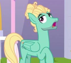 Size: 711x630 | Tagged: safe, screencap, zephyr breeze, pegasus, pony, sparkle's seven, cropped, male, raised hoof, solo, wings