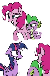 Size: 600x911 | Tagged: safe, artist:emositecc, derpibooru import, pinkie pie, spike, twilight sparkle, twilight sparkle (alicorn), alicorn, dragon, earth pony, pony, female, male, mare, nervous grin, smug, sweat