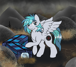 Size: 2600x2300 | Tagged: safe, artist:devorierdeos, oc, oc only, oc:vinyl dask, pegasus, pony, fallout equestria, commission, crate, fanfic, fanfic art, female, grand pegasus enclave, hooves, mare, solo, spread wings, wings