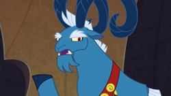 Size: 1920x1080 | Tagged: safe, screencap, grogar, frenemies (episode), cloven hooves, displeased, elderly, evil lair, grogar's lair, horns, lair, male, master grogar, open mouth, raised hoof, ram, solo