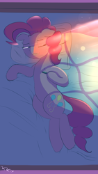 Size: 2160x3840 | Tagged: safe, artist:wilshirewolf, derpibooru import, boulder (pet), pinkie pie, earth pony, pony, bed, female, grin, lying on bed, mare, pillow, sleepy, smiling, solo, sunlight, window