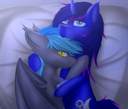 Size: 3500x3000 | Tagged: safe, artist:snowstormbat, oc, oc only, oc:aphelion darkmoon, oc:midnight snowstorm, bat pony, pony, unicorn, bed, fangs, gay, looking at you, male, snuggling, stallion, wings