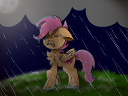 Size: 1024x768 | Tagged: safe, artist:badimo, scootaloo, pegasus, pony, chest fluff, cloud, crying, cutie mark, eyes closed, female, filly, floppy ears, foal, folded wings, grass, hill, moon, night, rain, raised hoof, sad, signature, solo, storm, the cmc's cutie marks, wet, wings