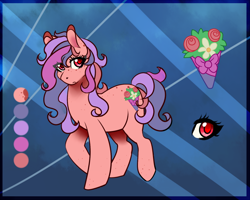 Size: 750x600 | Tagged: safe, artist:yumiryn, oc, oc only, earth pony, pony, adoptable, bubblegum, flower, food, freckles, gum, pink, reference sheet, solo