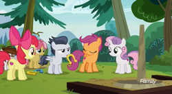 Size: 1177x647 | Tagged: safe, screencap, apple bloom, kettle corn, pipsqueak, rumble, scootaloo, skeedaddle, sweetie belle, earth pony, pegasus, pony, unicorn, marks and recreation, colt, cutie mark, cutie mark crusaders, cutie mark day camp, discovery family logo, female, filly, frown, horseshoes, male, the cmc's cutie marks