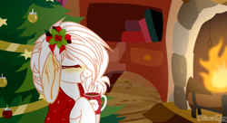 Size: 1920x1041 | Tagged: safe, artist:dianamur, oc, pony, christmas, christmas tree, deviantart watermark, female, fireplace, holiday, long ears, mare, obtrusive watermark, solo, tree, watermark