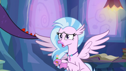 Size: 1920x1080 | Tagged: safe, screencap, silverstream, classical hippogriff, cockatrice, hippogriff, student counsel, book, edith (cockatrice), female, jewelry, necklace, pencil, spread wings, treehouse of harmony, wings