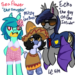 Size: 512x512 | Tagged: safe, artist:lightningchaser13, artist:lightningchaserarts, oc, oc only, oc:echo, oc:mitzy, oc:sea flower, oc:seaflower, bat pony, pony, border bat, boss, gang, mafia, mango gang, smuggle, smuggler