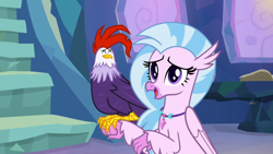 Size: 1920x1080 | Tagged: safe, screencap, silverstream, classical hippogriff, cockatrice, hippogriff, student counsel, duo, edith (cockatrice), female, jewelry, necklace, red eyes, treehouse of harmony