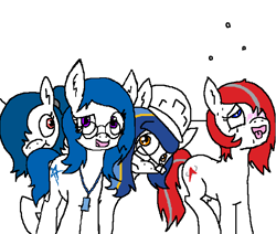 Size: 652x553 | Tagged: safe, oc, oc only, oc:jaxapone, oc:roscosmospone, oc:spacexpone, oc:ulapone, earth pony, cyoa, drunk, glasses, hard hat, implied anon, simple background, sweat, tongue out, white background
